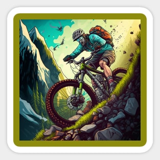 Cartoon image of an extreme downhill mountain biker. Sticker